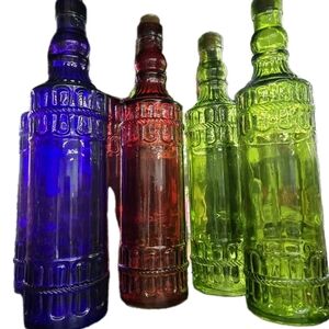 Set Of 4 Glass Decorating Bottle 12.25” Tall With Cork Raised Design